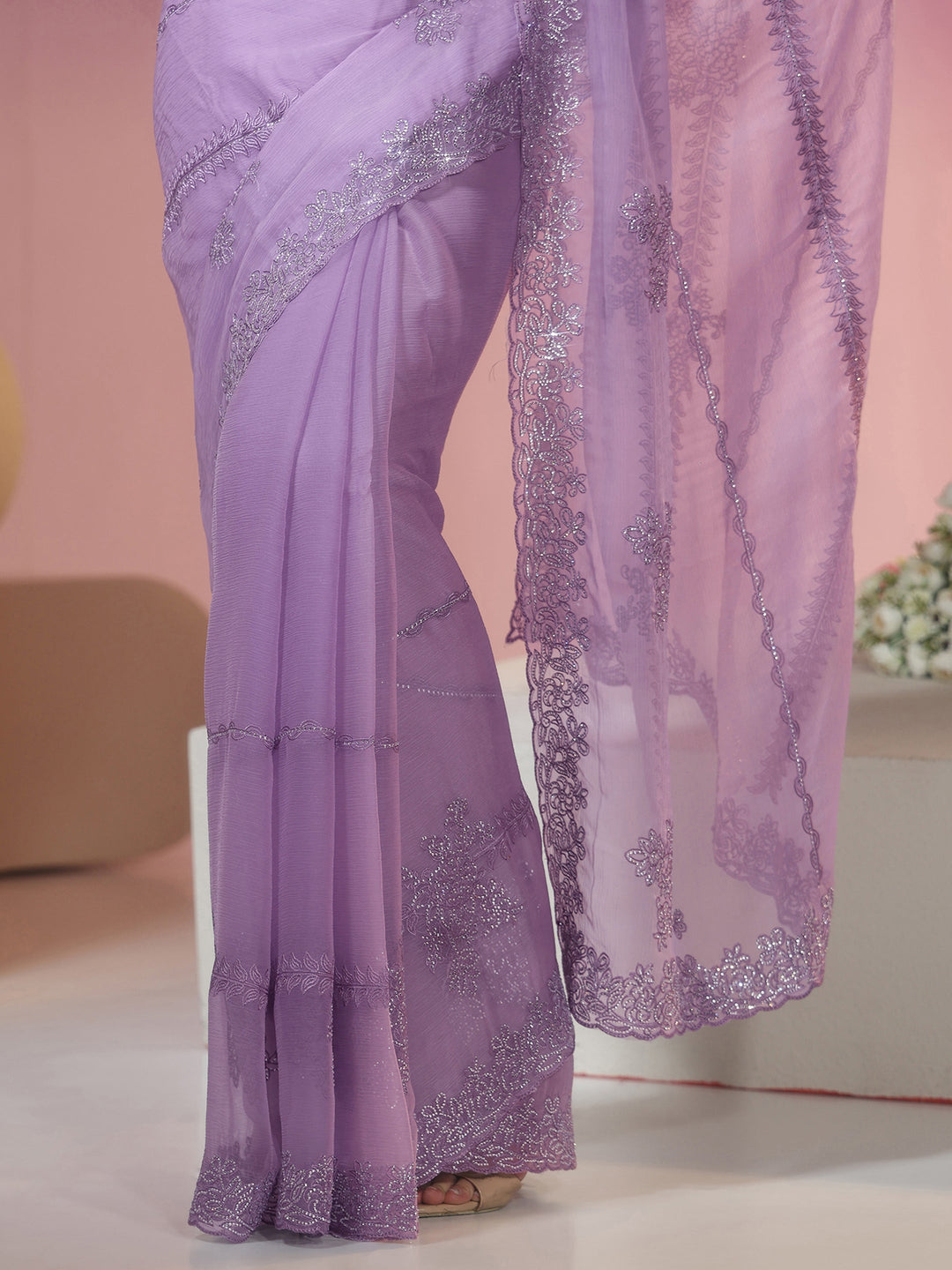 Libas Lavender Floral Embellished Silk Blend Saree