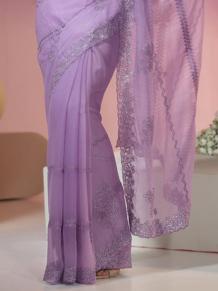 Libas Lavender Floral Embellished Silk Blend Saree