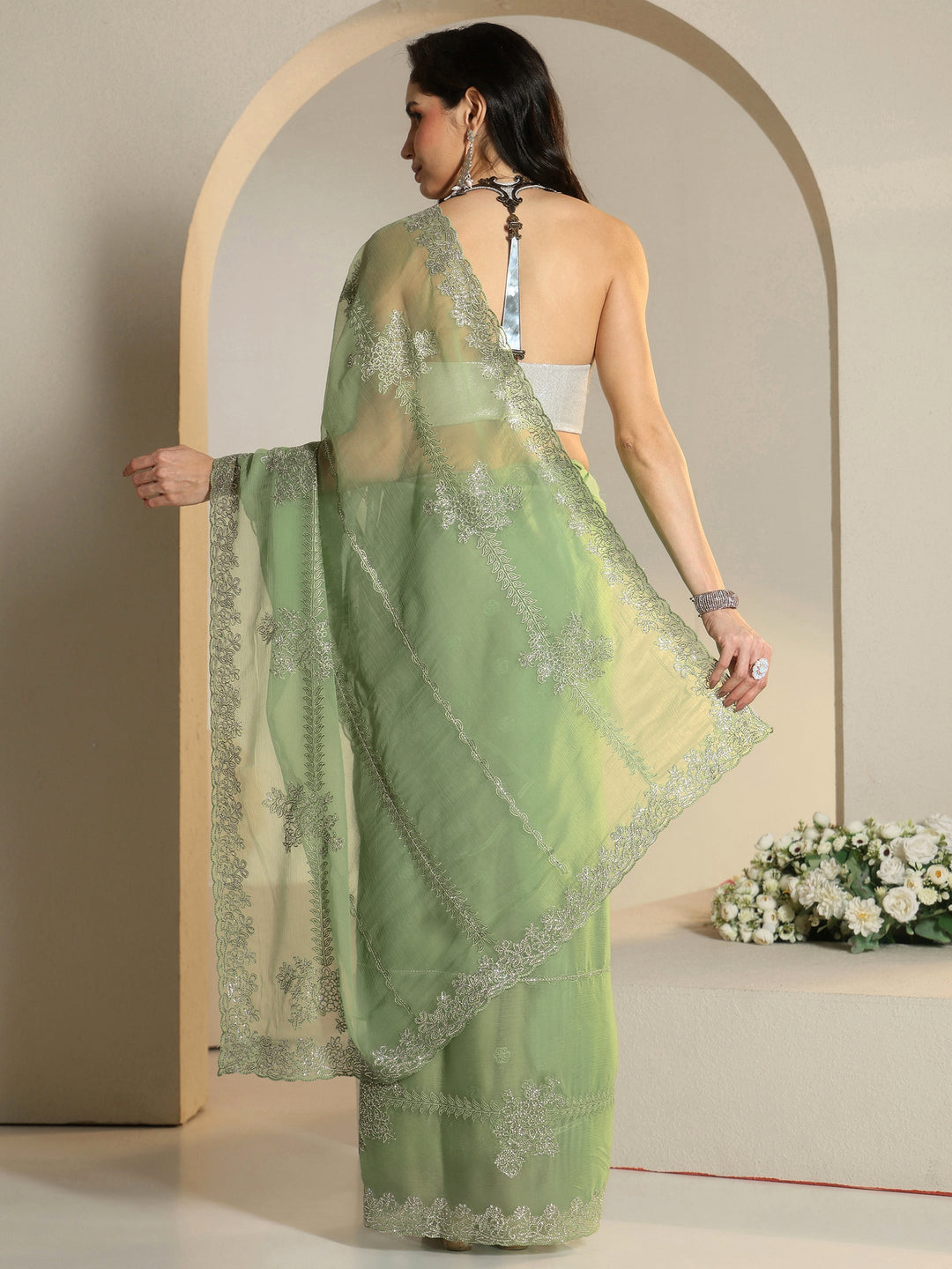 Libas Pista Green Floral Embellished Silk Blend Saree