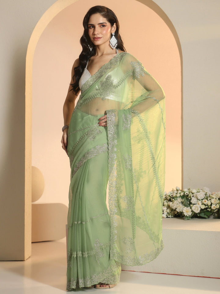Libas Pista Green Floral Embellished Silk Blend Saree