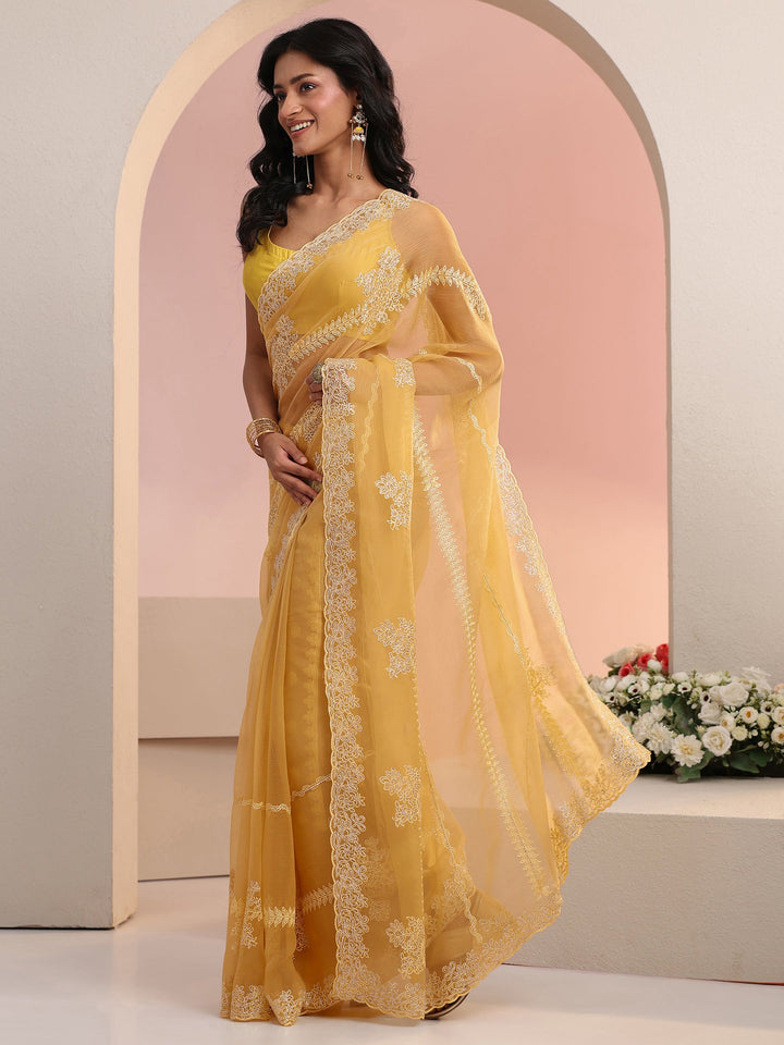 Libas Yellow Floral Embellished Silk Blend Saree