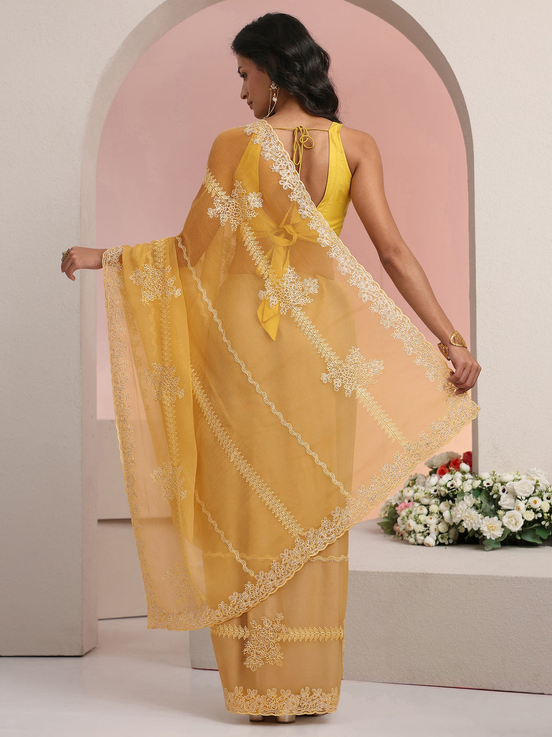 Libas Yellow Floral Embellished Silk Blend Saree