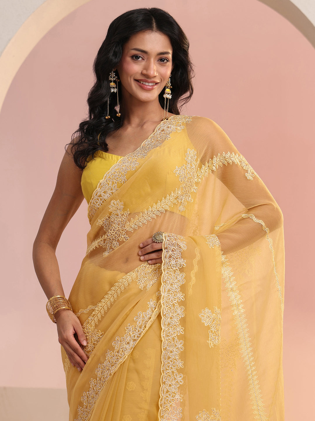 Libas Yellow Floral Embellished Silk Blend Saree