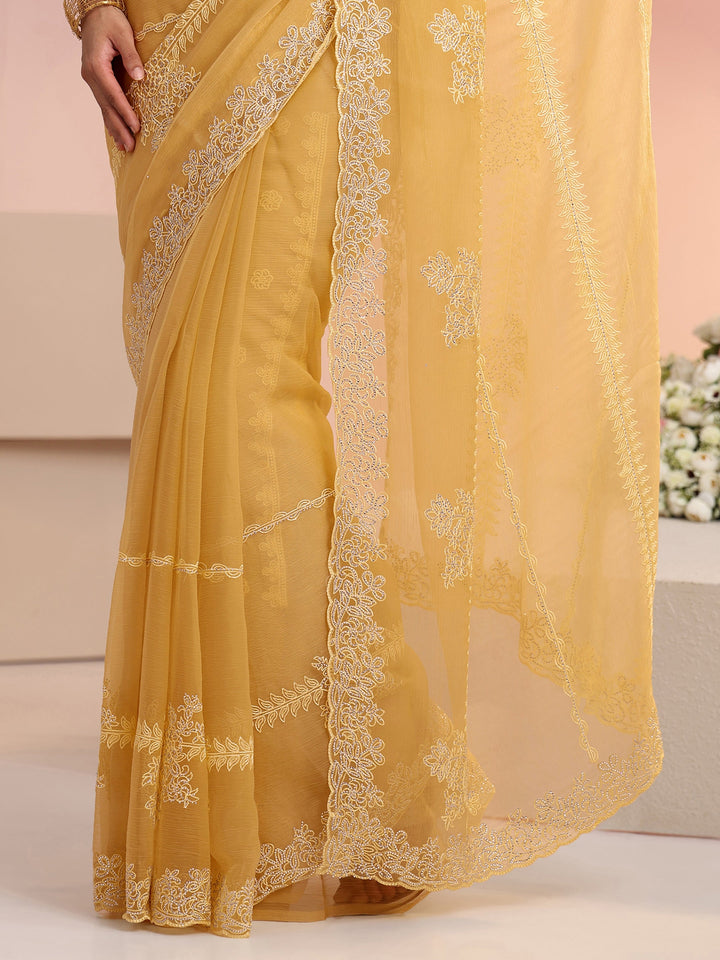 Libas Yellow Floral Embellished Silk Blend Saree