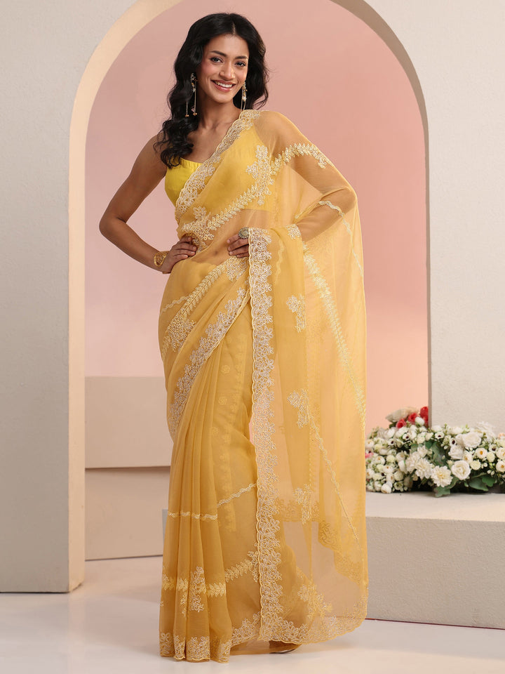Libas Yellow Floral Embellished Silk Blend Saree