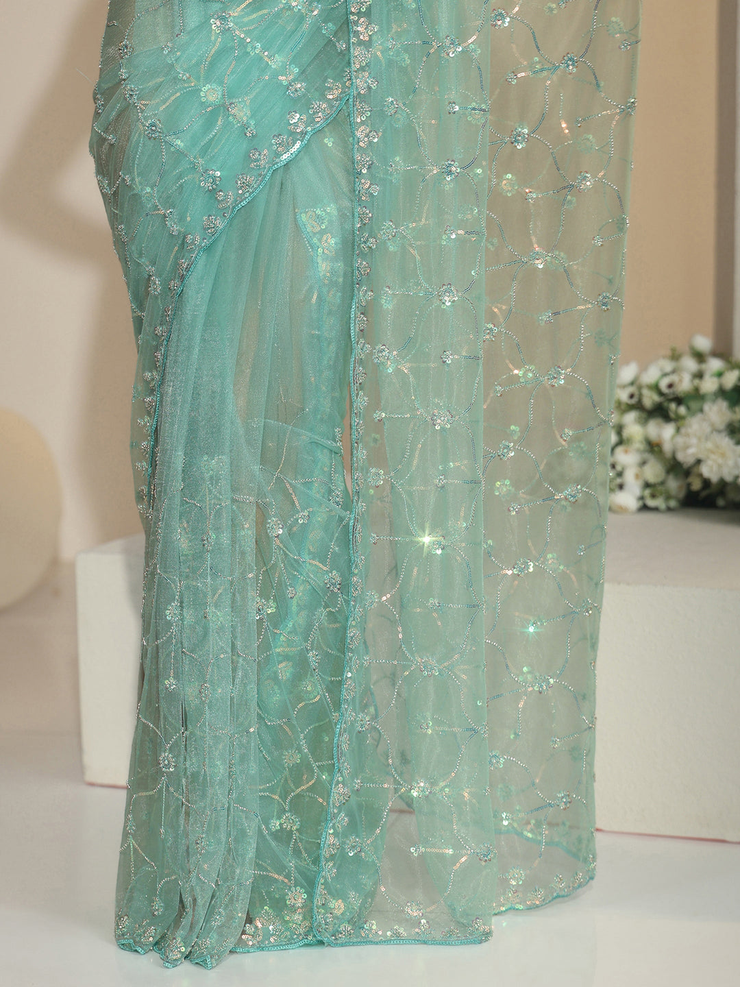 Libas Sea Green Floral Embellished Net Saree