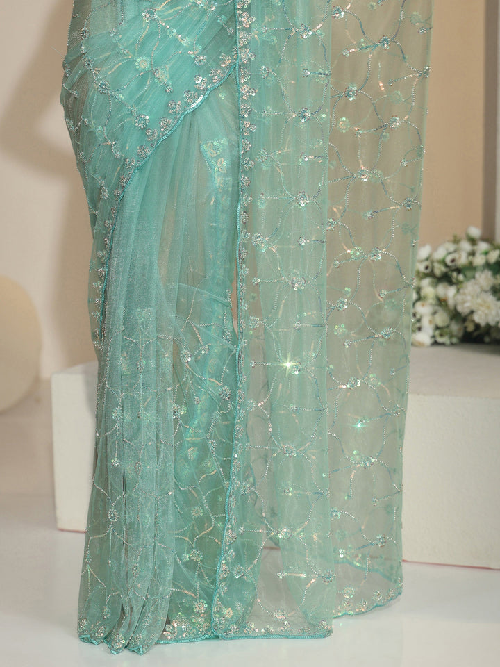 Libas Sea Green Floral Embellished Net Saree