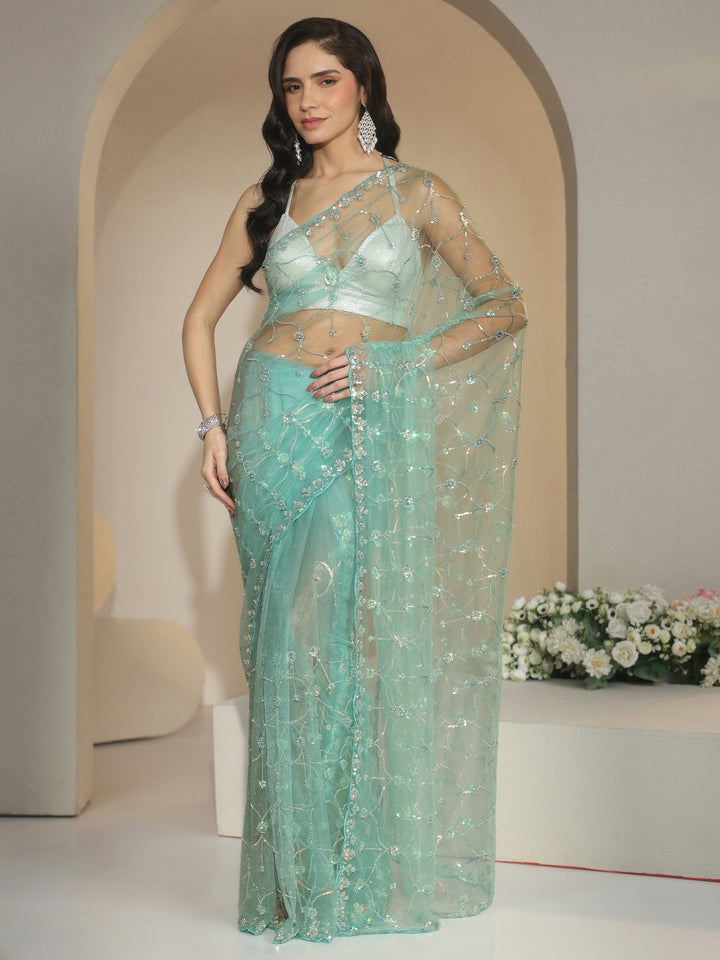 Libas Sea Green Floral Embellished Net Saree
