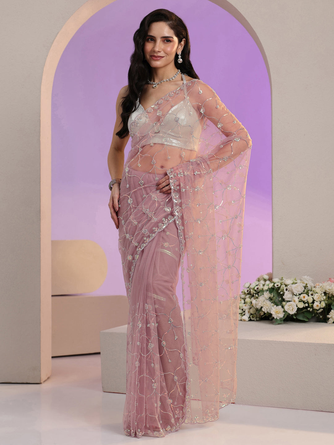 Libas Lavender Floral Embellished Net Saree