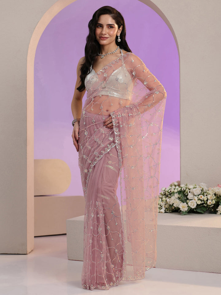 Libas Lavender Floral Embellished Net Saree