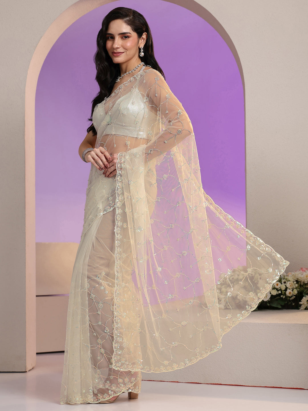 Libas Cream Floral Embellished Net Saree