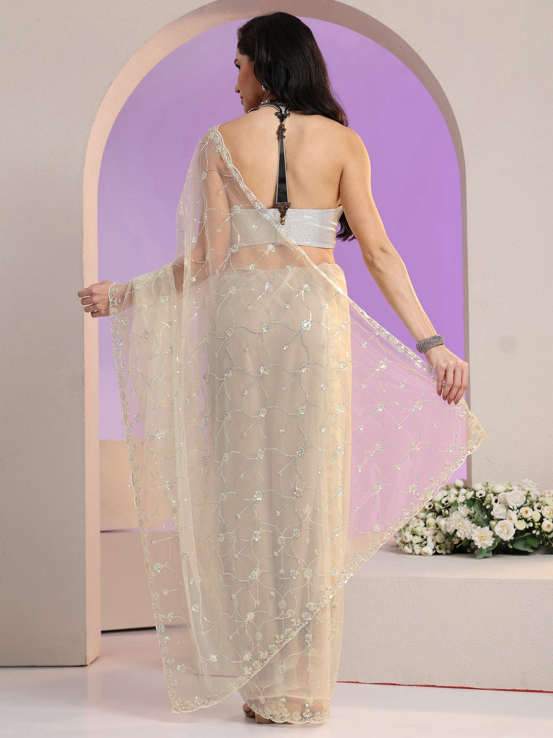 Libas Cream Floral Embellished Net Saree