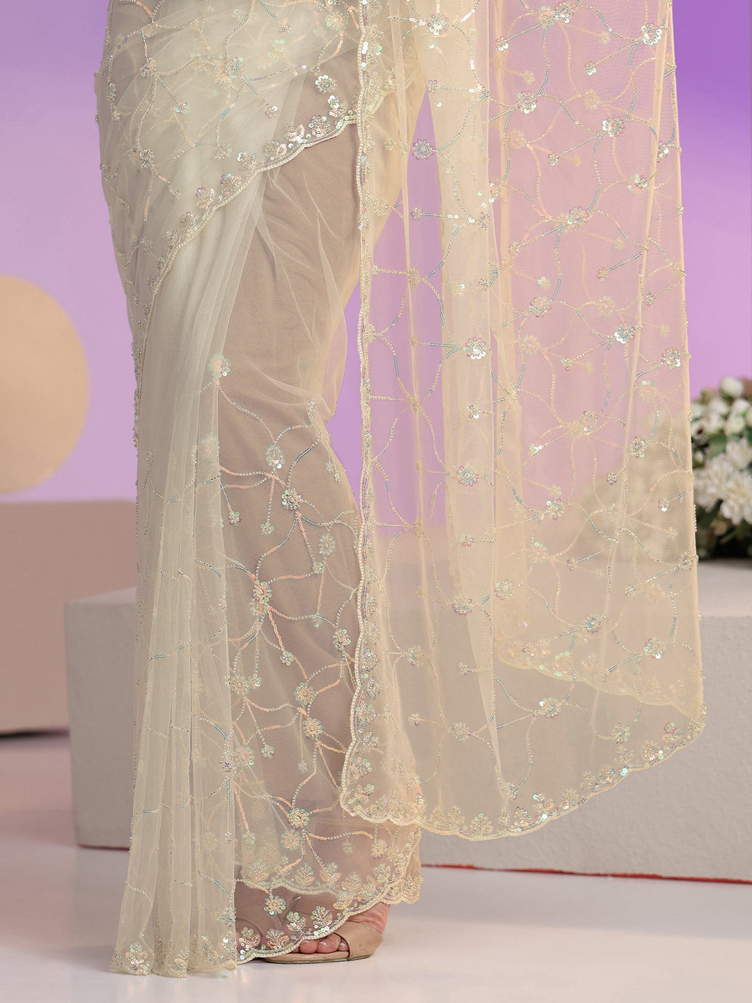 Libas Cream Floral Embellished Net Saree