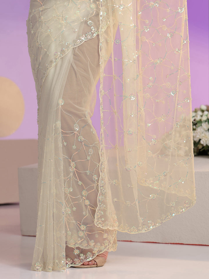 Libas Cream Floral Embellished Net Saree