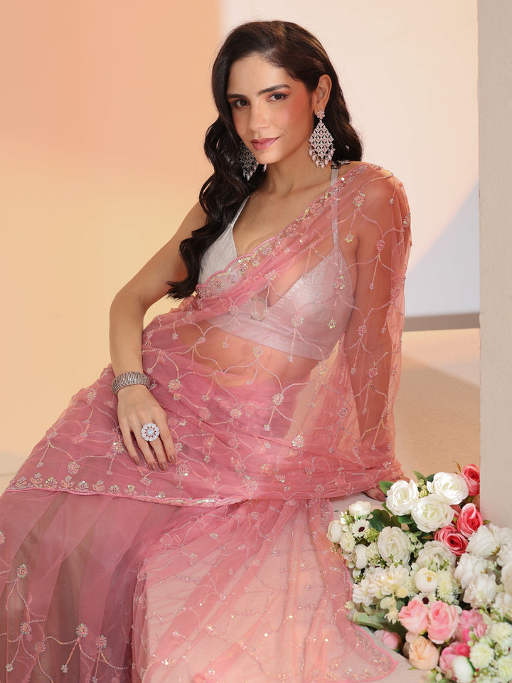 Libas Baby Pink Floral Embellished Net Saree