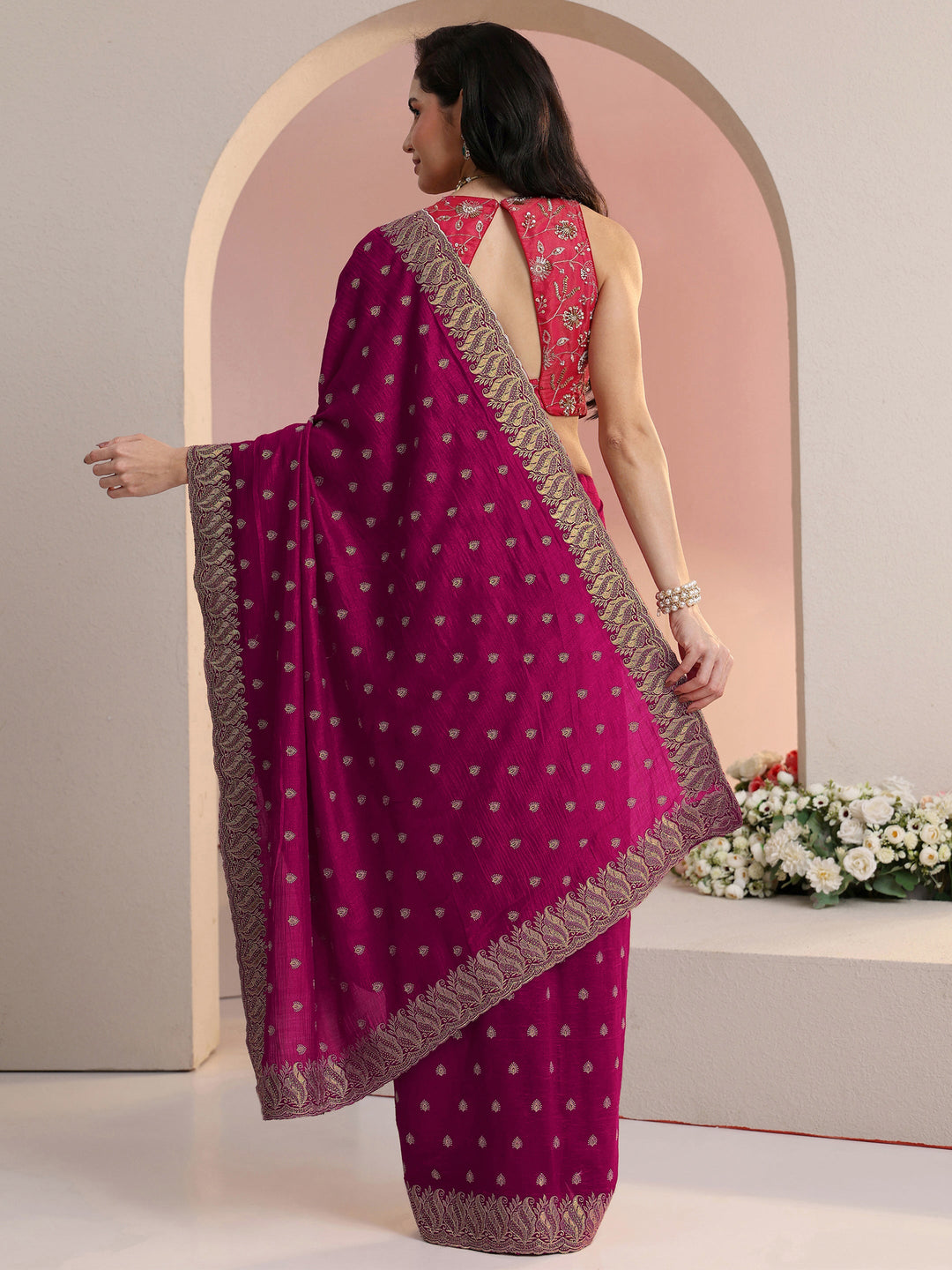 Libas Rani Pink Embroidered Silk Blend Saree