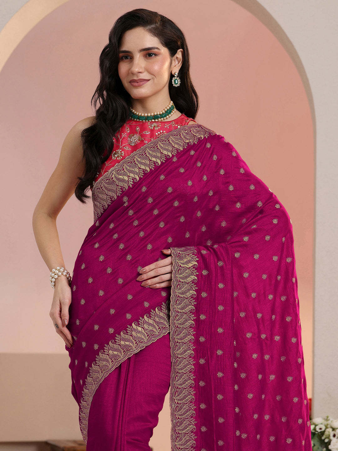 Libas Rani Pink Embroidered Silk Blend Saree