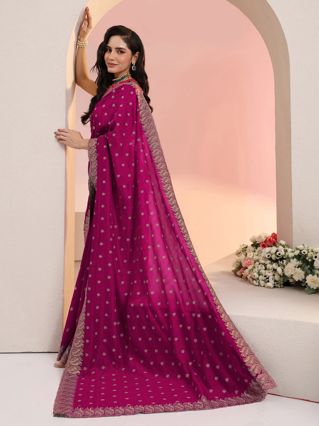 Libas Rani Pink Embroidered Silk Blend Saree