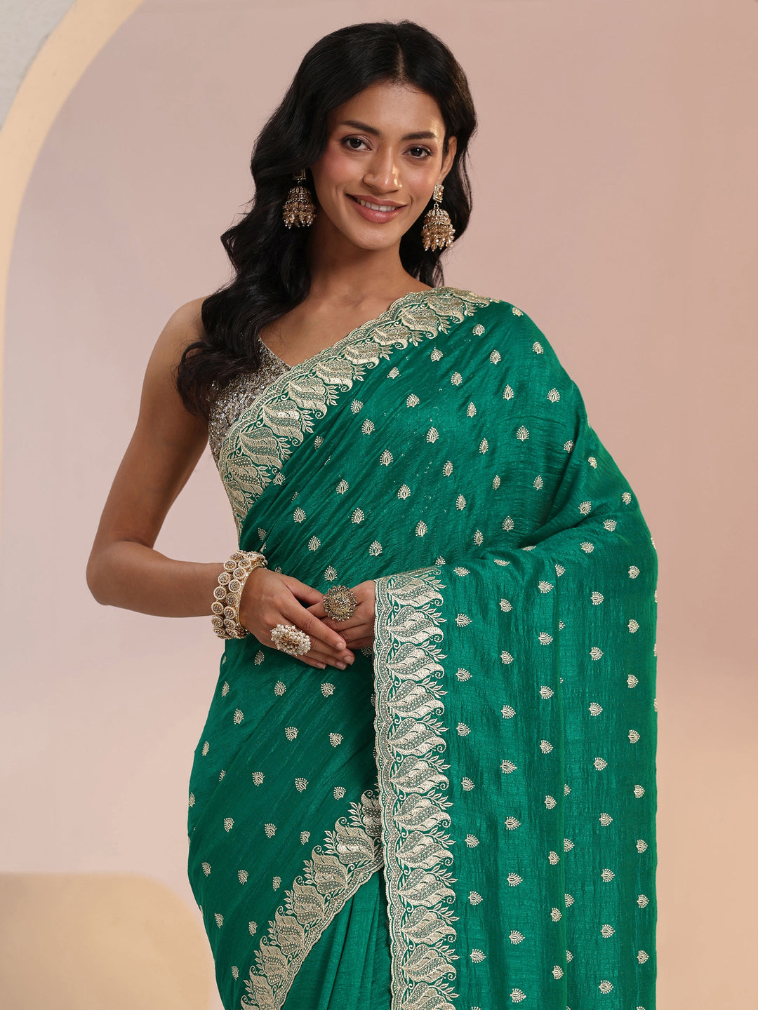 Libas Emerald Green Embroidered Silk Blend Saree