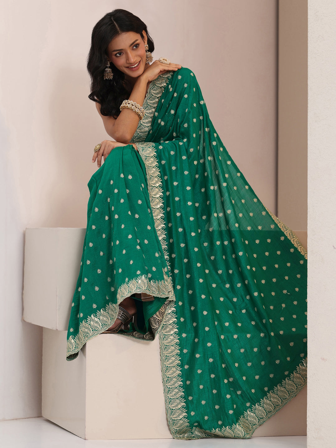 Libas Emerald Green Embroidered Silk Blend Saree