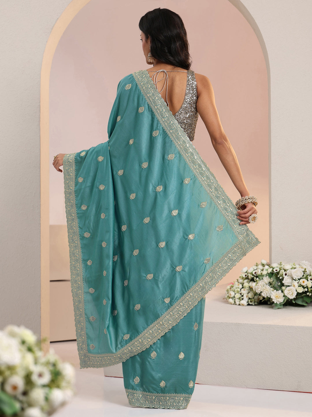 Libas Dusty Blue Embroidered Silk Blend Saree