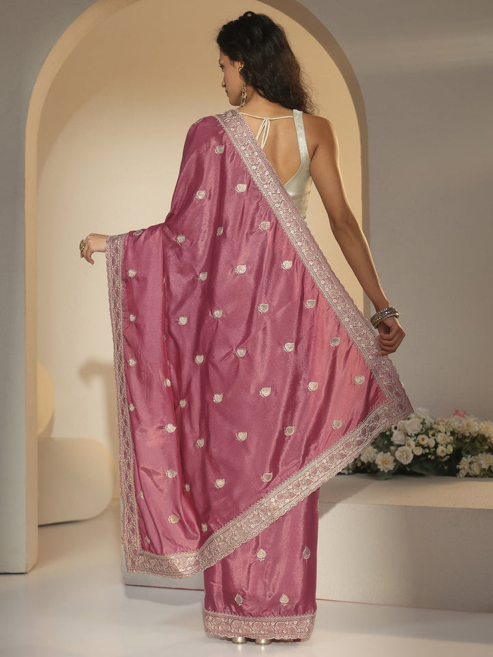 Libas Dusty Rose Pink Zari Embroidered Silk Blend Saree