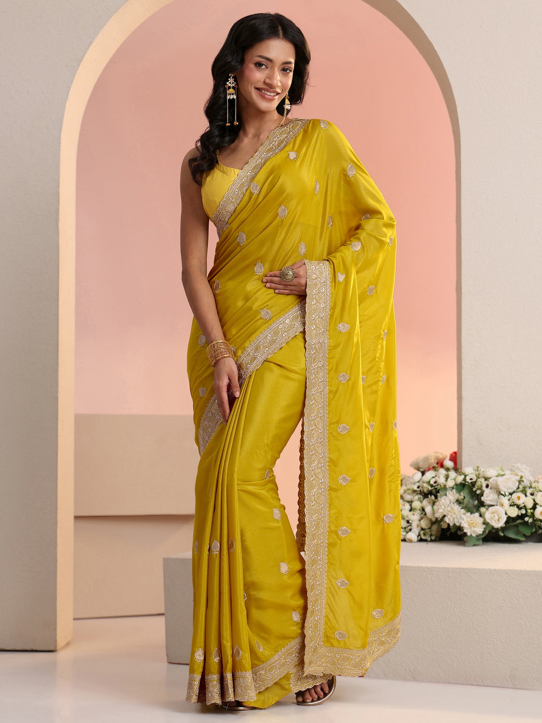 Libas Yellow Embroidered Silk Blend Saree