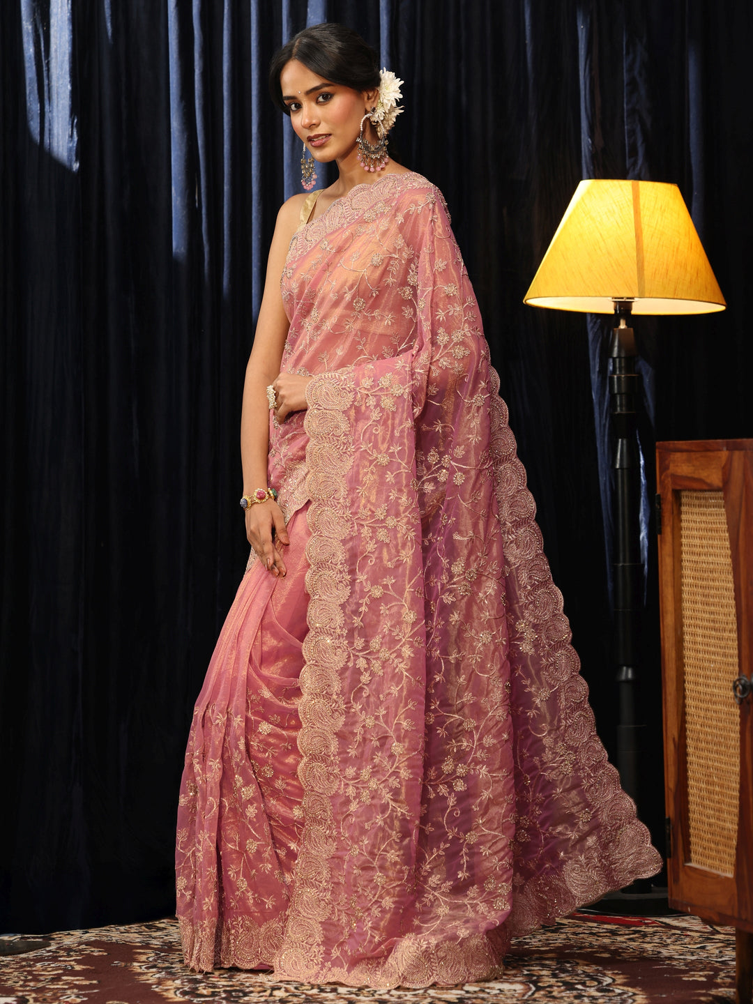 Libas Rose Pink Floral Embroidered Net Saree