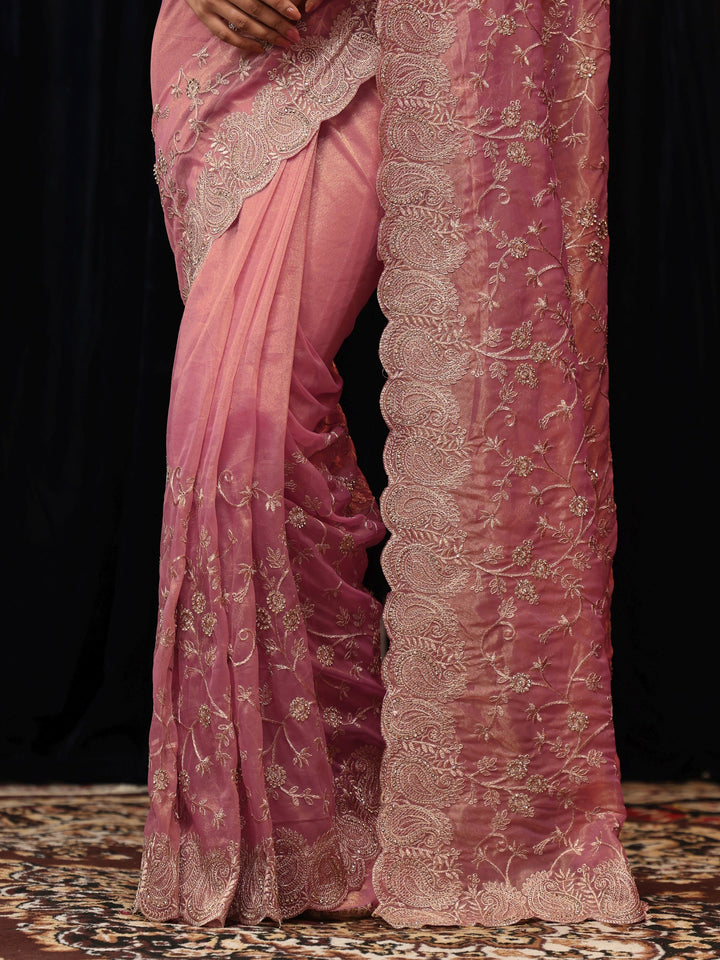 Libas Rose Pink Floral Embroidered Net Saree
