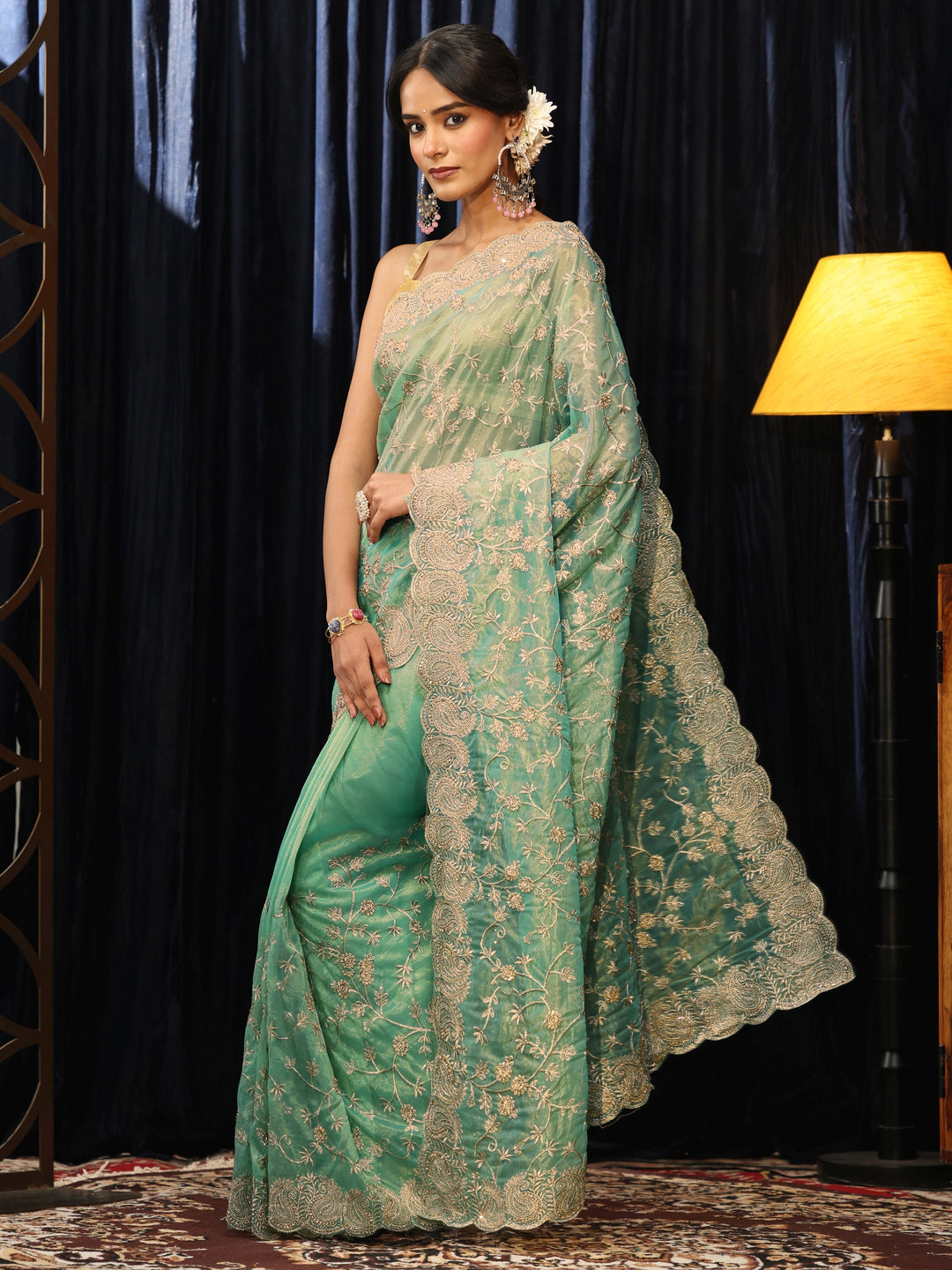 Libas Mint Green Floral Embroidered Net Saree