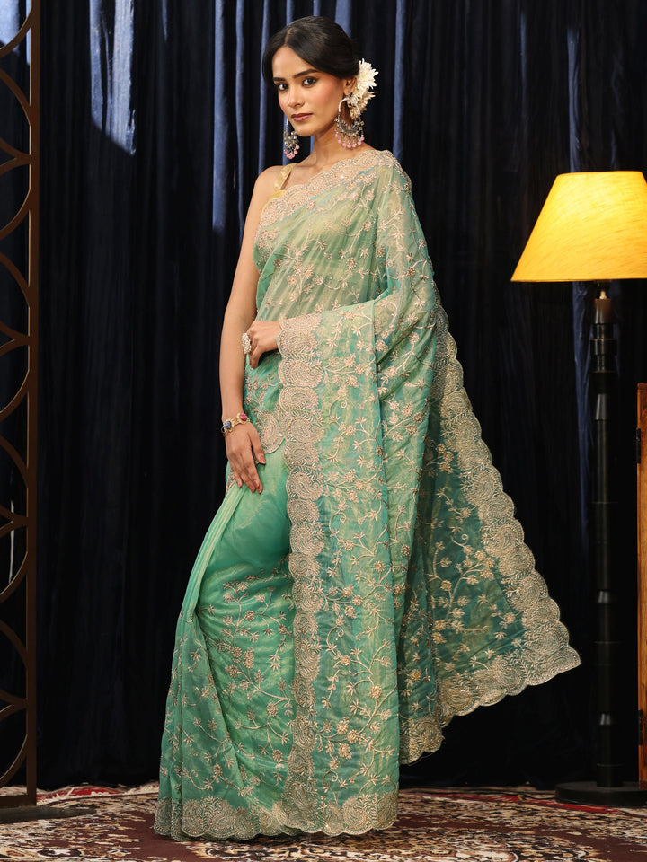 Libas Mint Green Floral Embroidered Net Saree