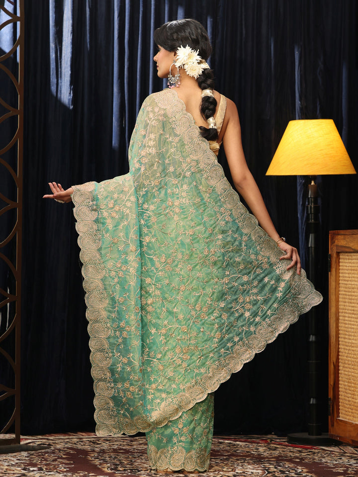 Libas Mint Green Floral Embroidered Net Saree