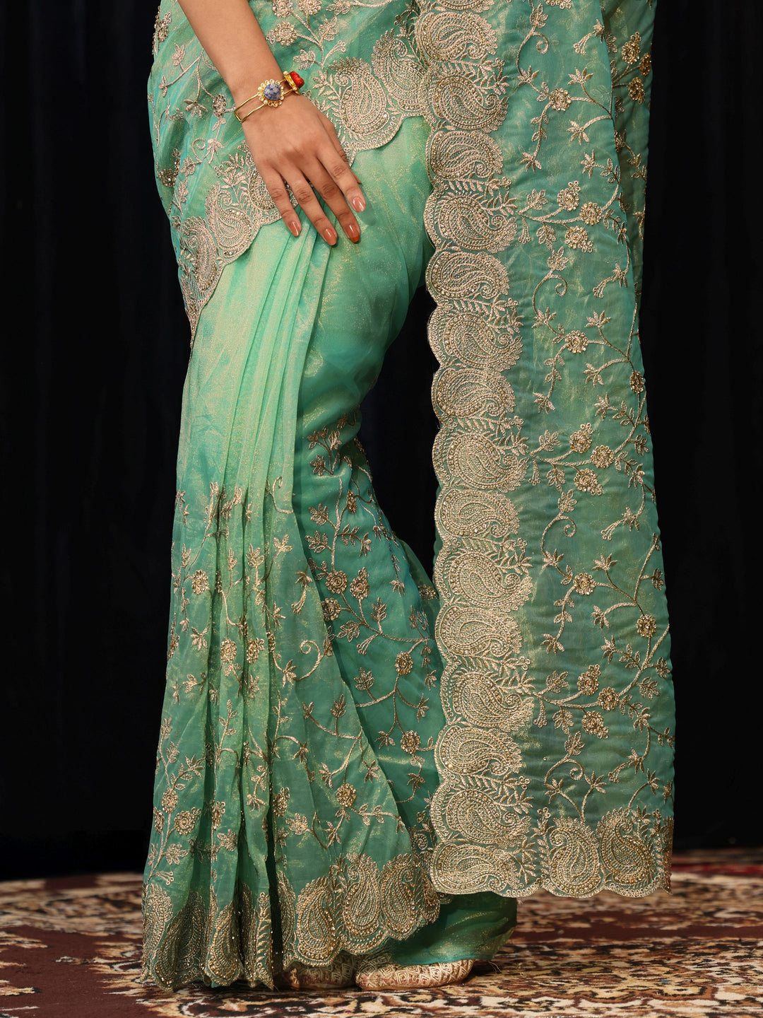 Libas Mint Green Floral Embroidered Net Saree