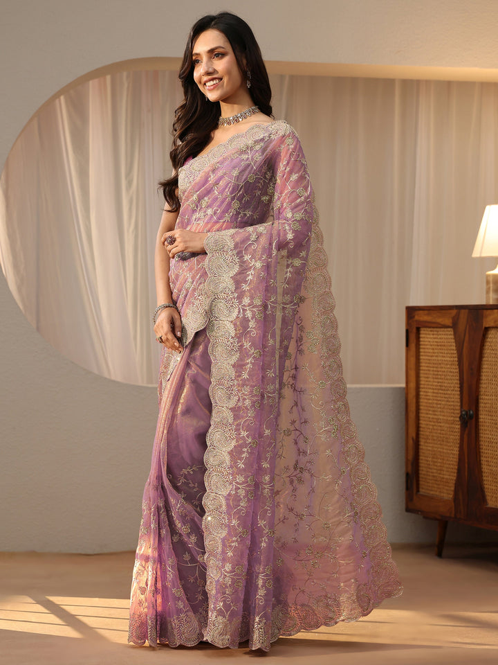 Libas Lavender Floral Embellished Net Saree