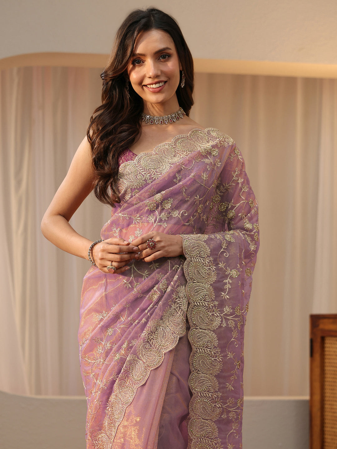 Libas Lavender Floral Embellished Net Saree
