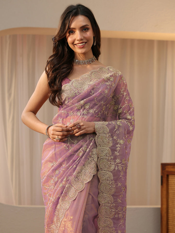 Libas Lavender Floral Embellished Net Saree