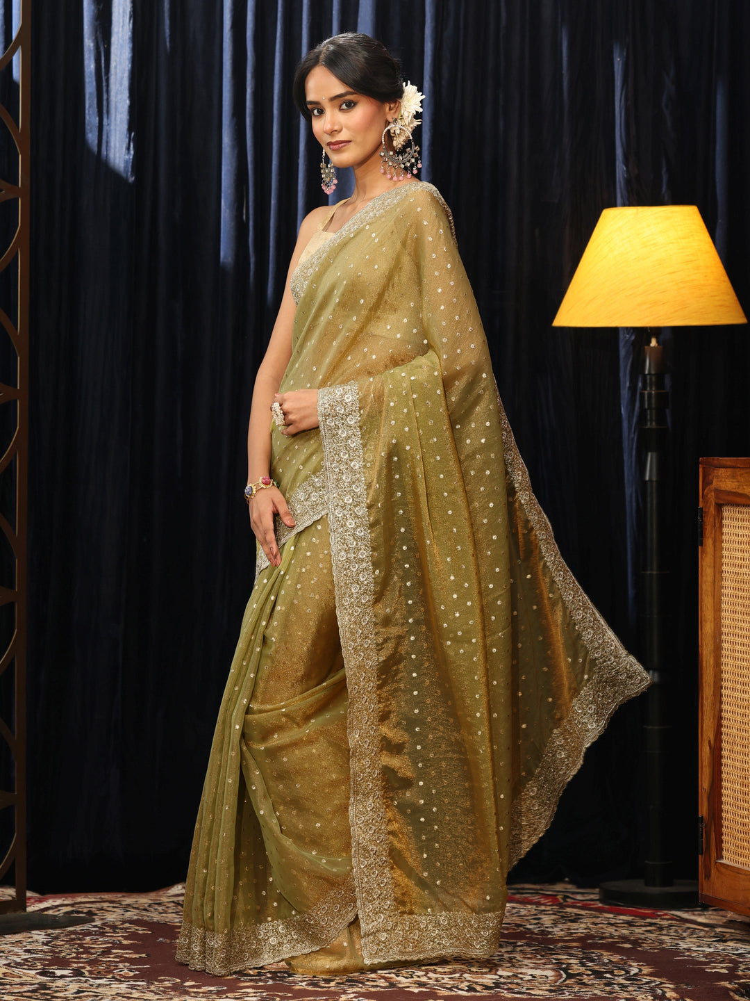 Libas Light Henna Green  Mirror Work Silk Blend Saree
