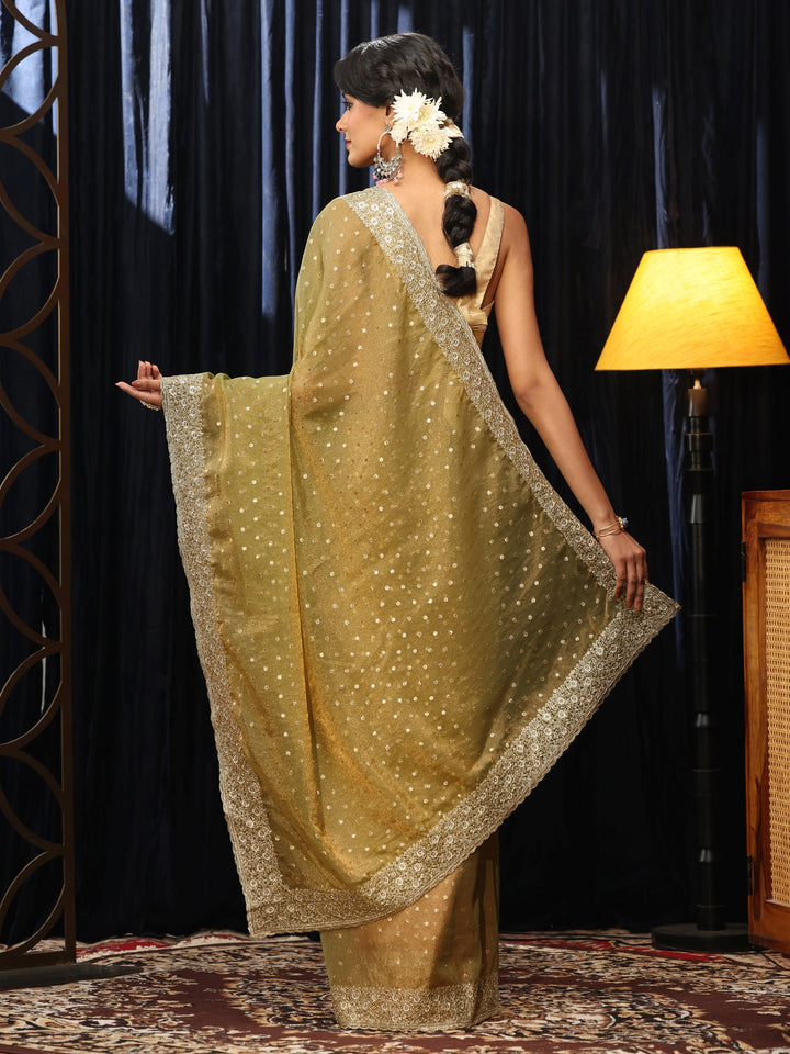 Libas Light Henna Green  Mirror Work Silk Blend Saree
