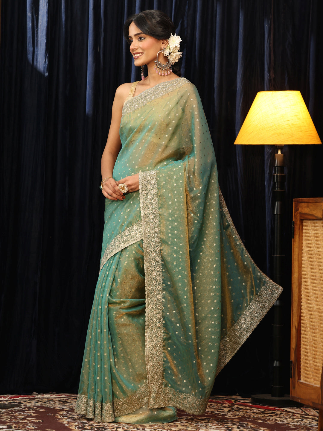 Libas Sea Green Mirror Work Silk Blend Saree