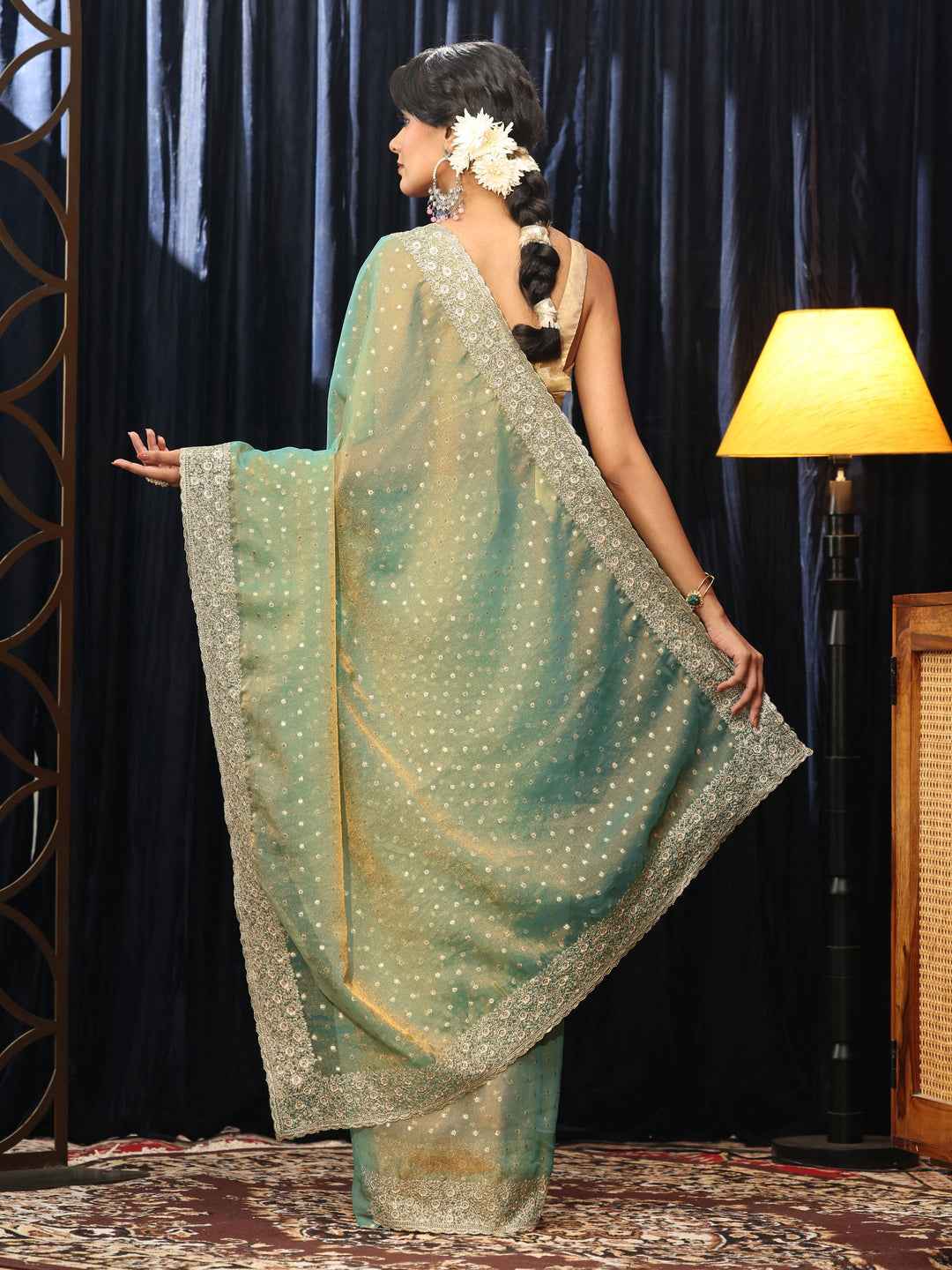 Libas Sea Green Mirror Work Silk Blend Saree