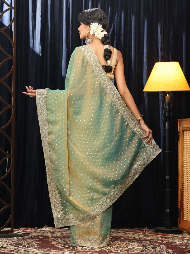 Libas Sea Green Mirror Work Silk Blend Saree