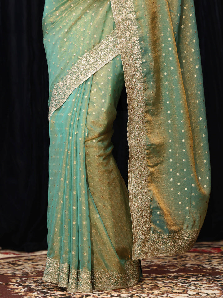 Libas Sea Green Mirror Work Silk Blend Saree