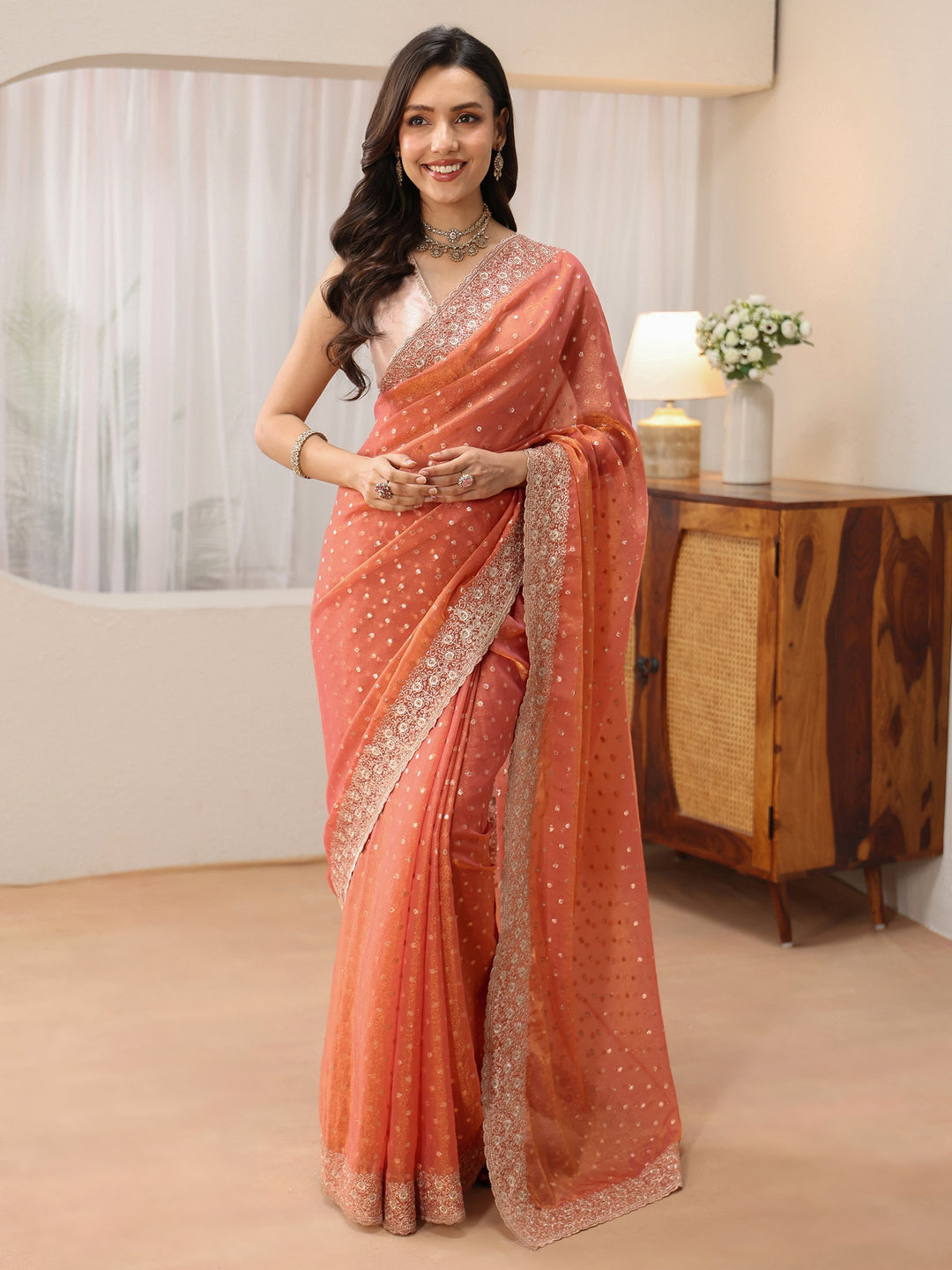 Libas Peach Mirror Work Silk Blend Saree
