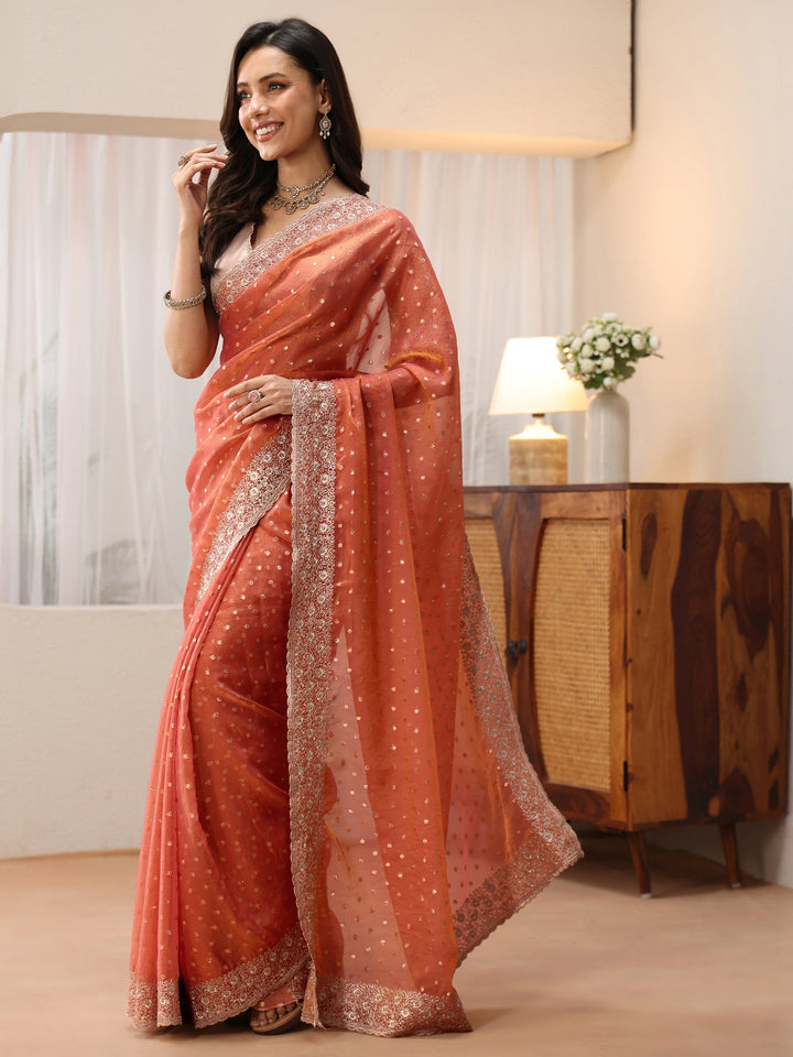 Libas Peach Mirror Work Silk Blend Saree