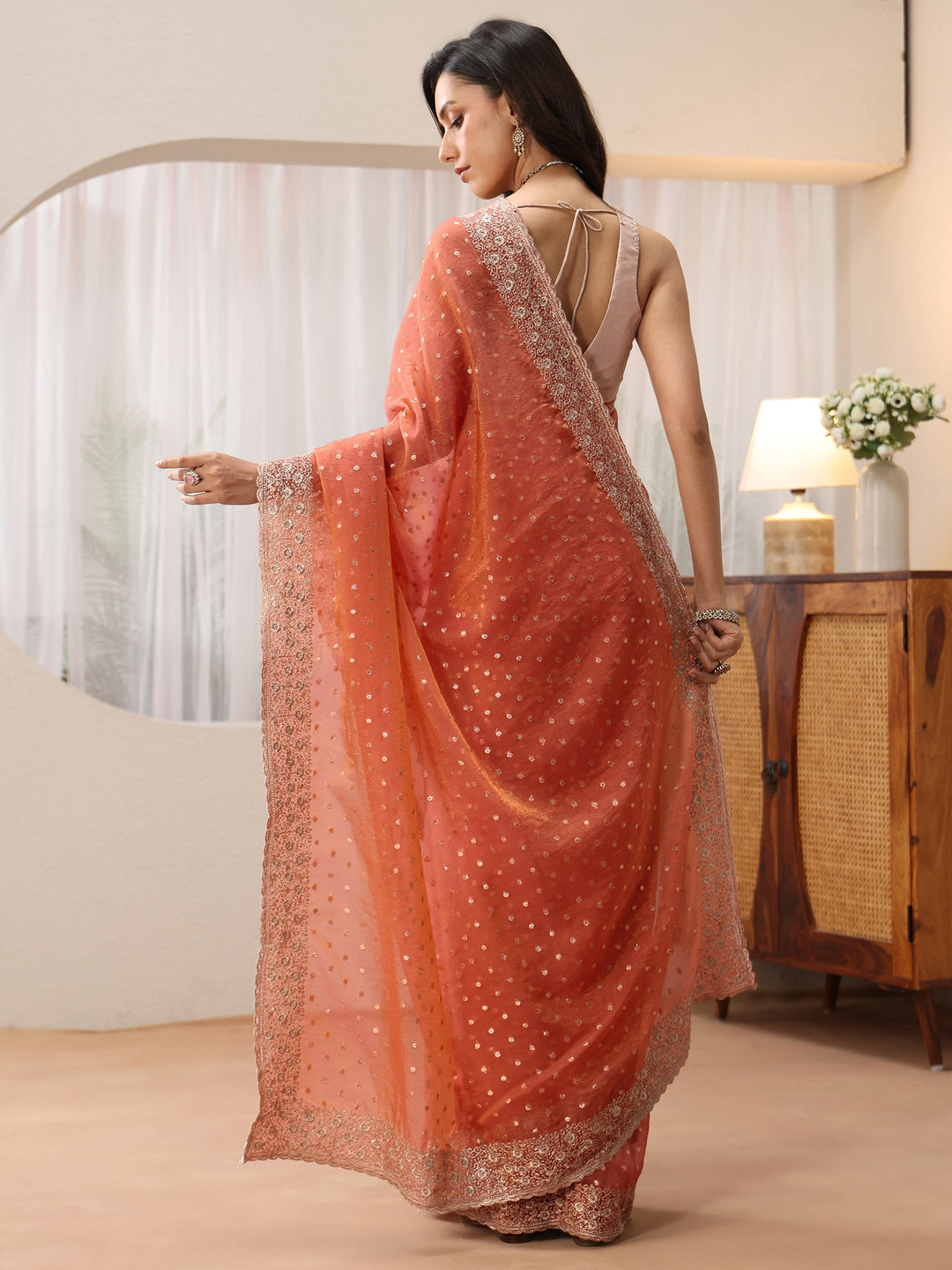 Libas Peach Mirror Work Silk Blend Saree
