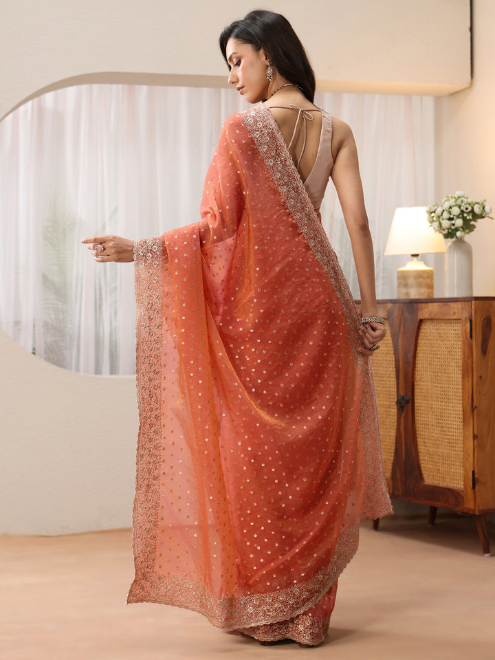 Libas Peach Mirror Work Silk Blend Saree