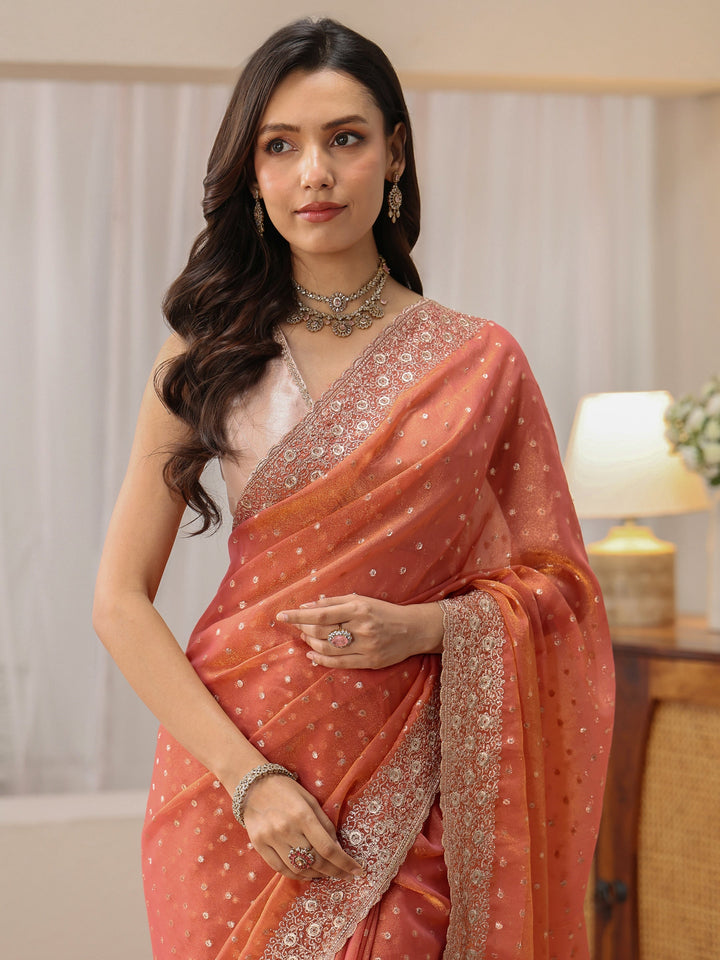 Libas Peach Mirror Work Silk Blend Saree