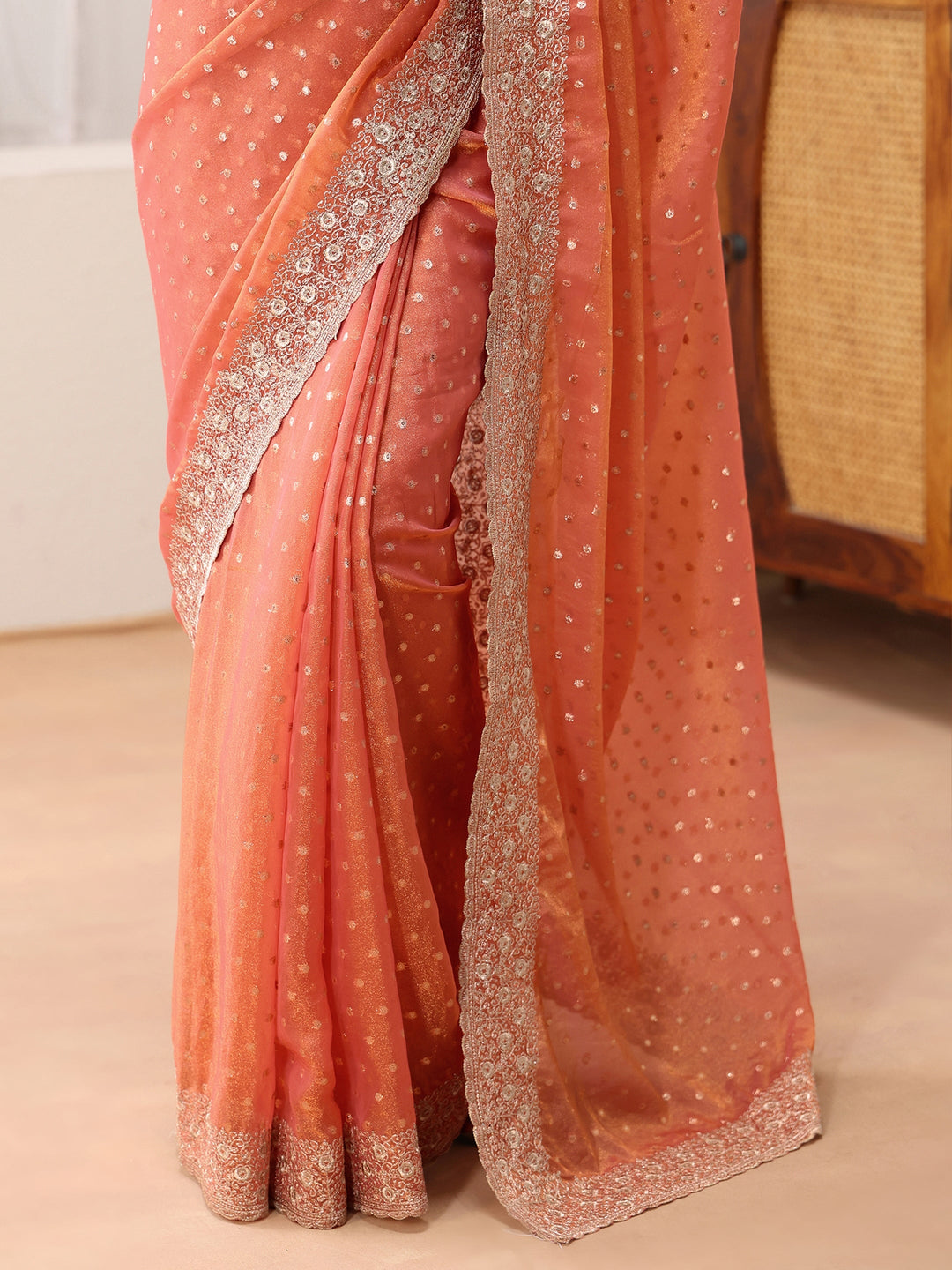 Libas Peach Mirror Work Silk Blend Saree