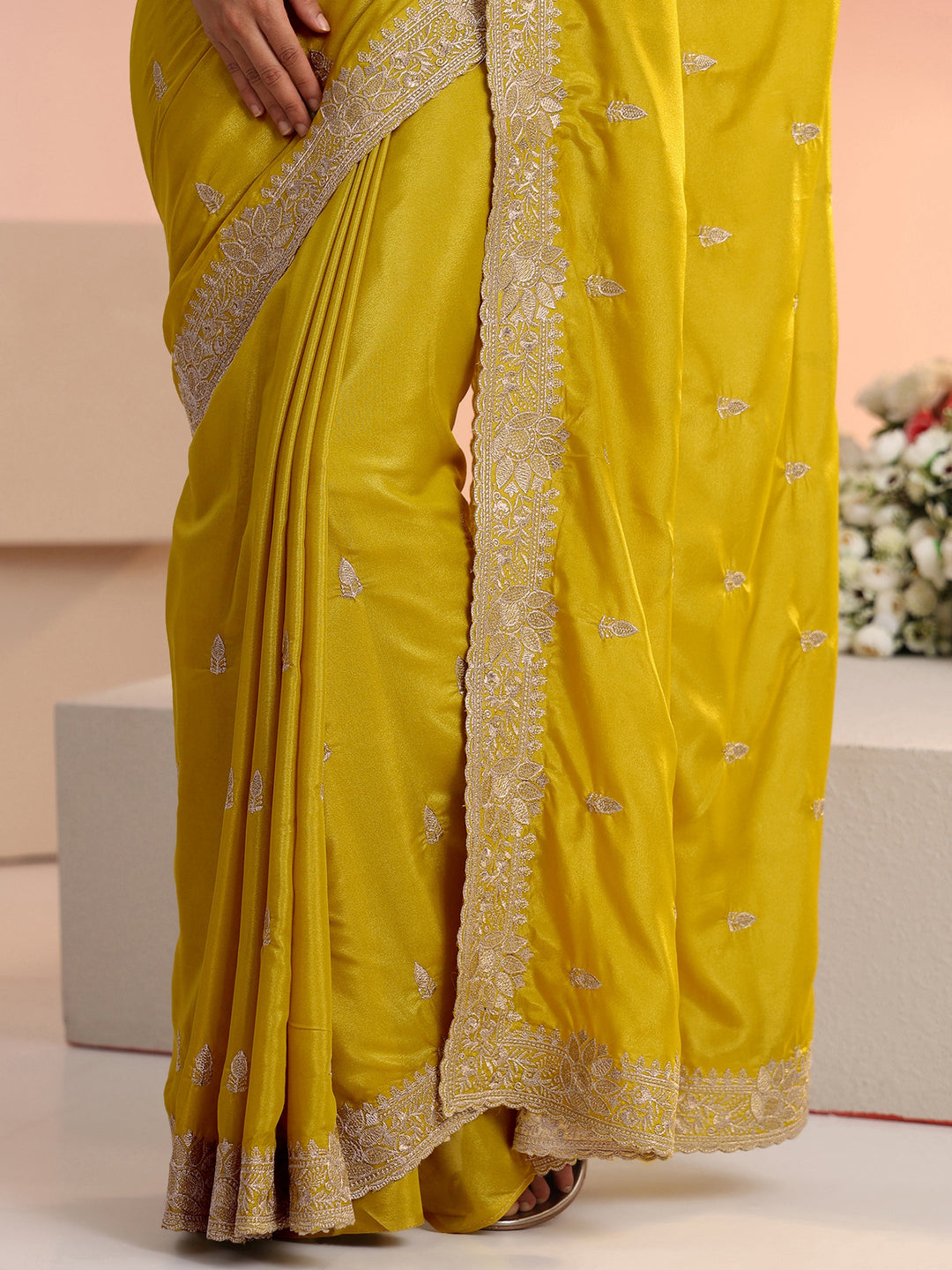 Libas Mustard Embroidered Silk Blend Saree