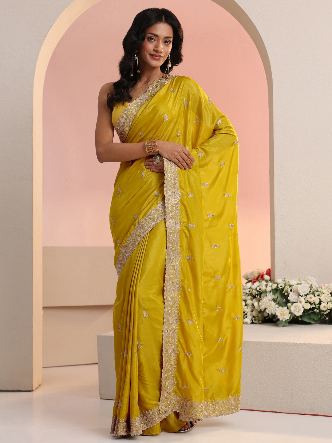 Libas Mustard Embroidered Silk Blend Saree